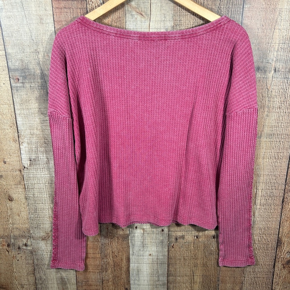 Rewind XL Waffle Knit Top Pink Lace Trim Boho Long Sleeve Oversized Mixed Media - Picture 6 of 6
